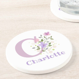 Initial Plus Name & Flowers Design Coaster