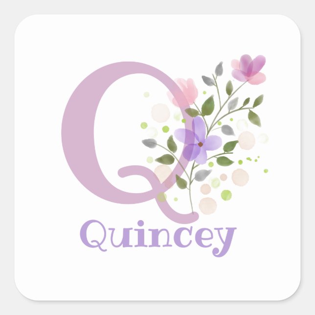 Initial Plus Name Quincey & Flowers Design Square Sticker (Front)