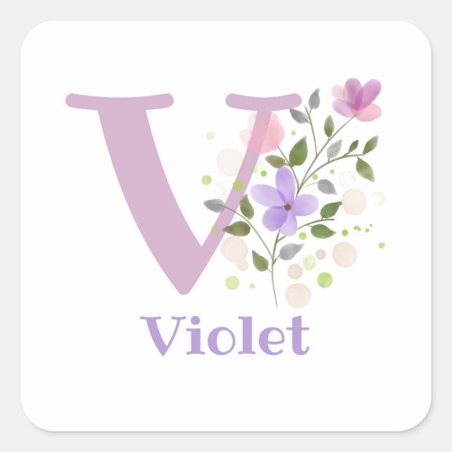 Initial Plus Name Violet & Flowers Design Square Sticker (Front)