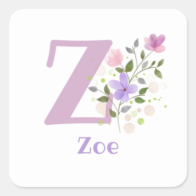 Initial Plus Name Zoe & Flowers Design Square Sticker (Front)