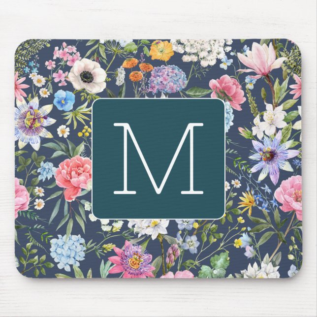 Initial Pretty colourful illustration floral Navy Mouse Pad (Front)