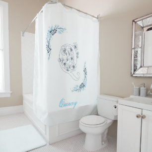 Initial "Q" Blue Monogram Calm Floral Shower Curtain