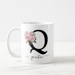Initial Q Monogram Floral Flower Pink Roses Mug