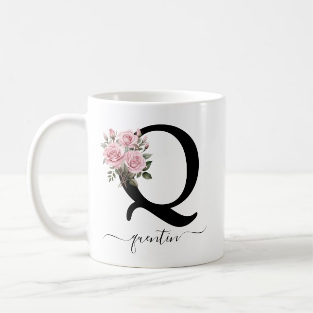 Initial Q Monogram Floral Flower Pink Roses Mug (Left)