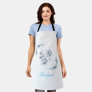 Initial "R" Blue Monogram Calm Floral Apron