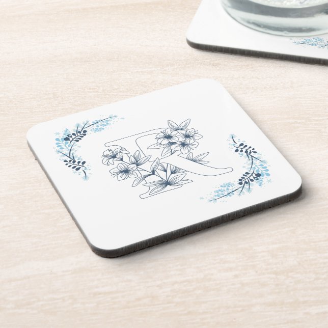 Initial "R" Blue Monogram Calm Floral Coaster (Left Side)