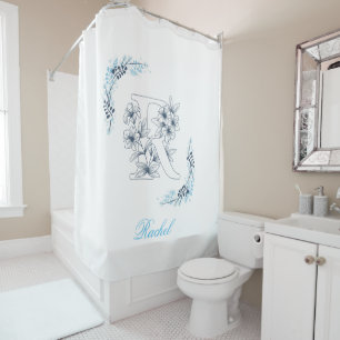 Initial "R" Blue Monogram Calm Floral Shower Curtain