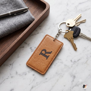 Initial R Monogram Faux Tan Leather Key Ring