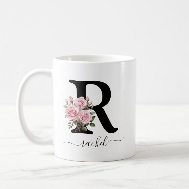 Initial R Monogram Floral Flower Pink Roses Mug (Left)