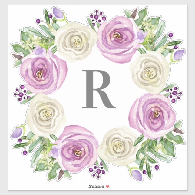 Initial R Watercolor Purple n White Floral Wreath (Sheet)