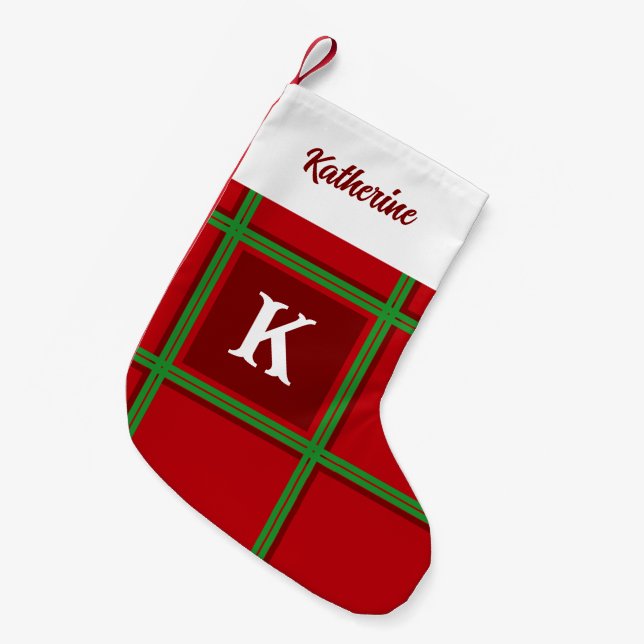 Initial Red and Green Plaid Simple Design Small Christmas Stocking (Front (Hanging))