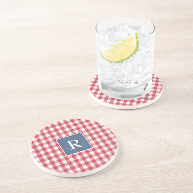 Initial, Red Check, Denim Trendy Sandstone Coaster (Side)