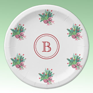 Initial, Red & Green Christmas Bouquet Paper Plate