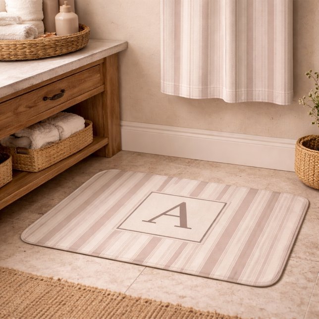 Initial Rustic Farmhouse Striped Beige & Taupe Bath Mat (Creator Uploaded)