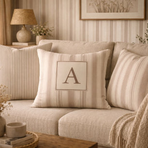 Initial Rustic Farmhouse Striped Beige & Taupe Cushion