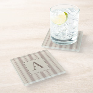 Initial Rustic Farmhouse Striped Beige & Taupe Glass Coaster