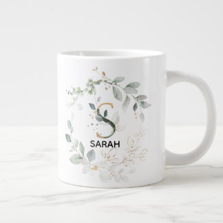 Initial S Alphabet Letter Greenery and Gold Large Coffee Mug