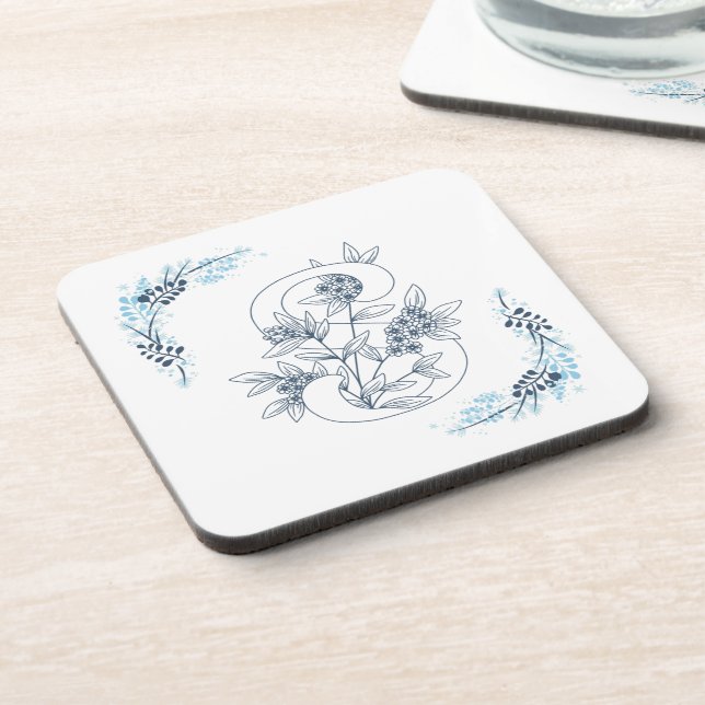 Initial "S" Blue Monogram Calm Floral Coaster (Left Side)