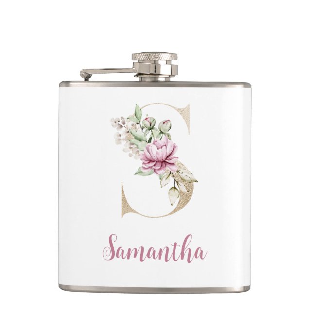 Initial S, Gold Letter S, Monogram S, Pink Floral  Hip Flask (Front)