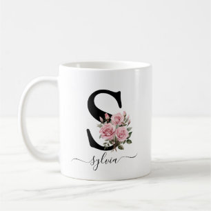 Initial S Monogram Floral Flower Pink Roses Mug