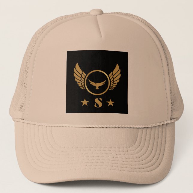 initial S Unique Stylish Accessory Gold Eagle-Cap Trucker Hat (Front)