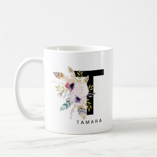 Initial 'T' Alphabet Mug Monogram Boho Watercolour