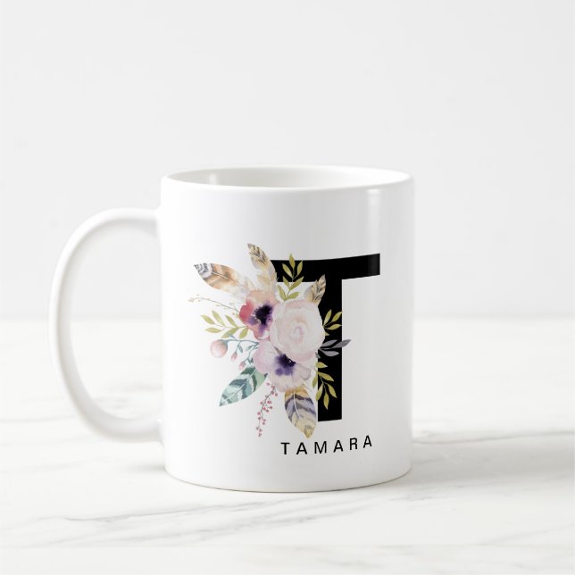 Initial 'T' Alphabet Mug Monogram Boho Watercolour (Left)