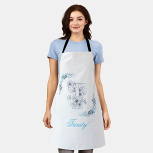 Initial "T" Blue Monogram Calm Floral Apron