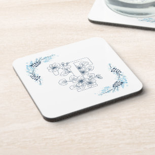 Initial "T" Blue Monogram Calm Floral Coaster