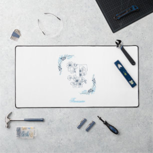 Initial "T" Blue Monogram Calm Floral Desk Mat