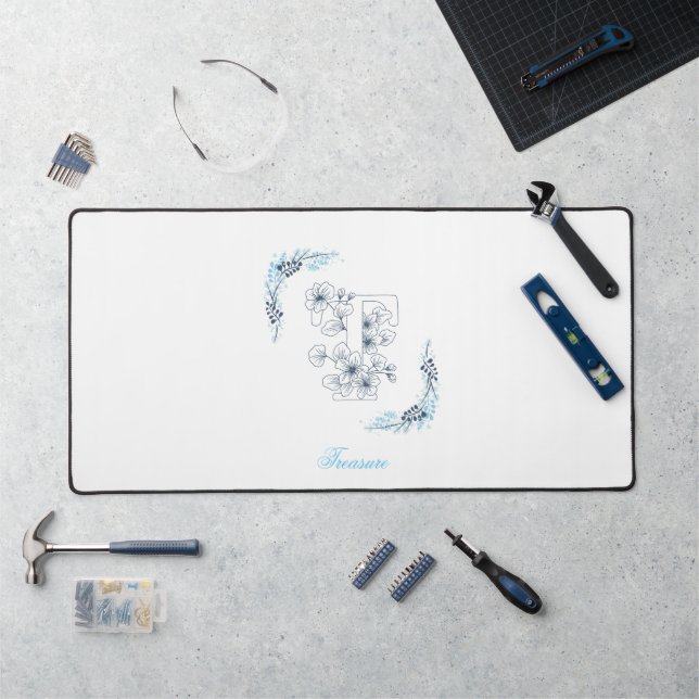 Initial "T" Blue Monogram Calm Floral Desk Mat (Workstation)