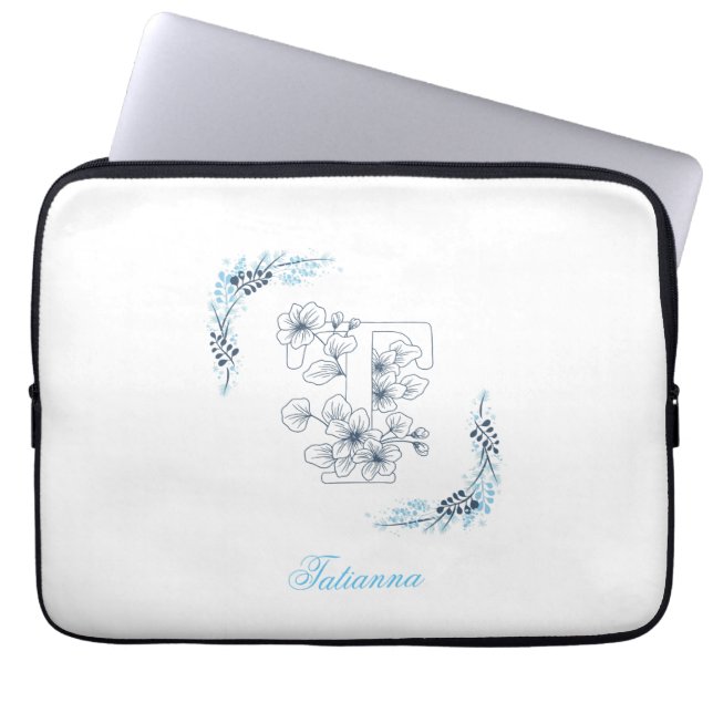 Initial "T" Blue Monogram Calm Floral Laptop Sleeve (Front)