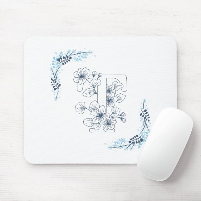 Initial "T" Blue Monogram Calm Floral Mouse Pad (With Mouse)