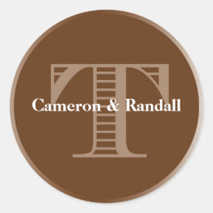 Initial T brown monogram name tag party favour