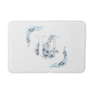 Initial "U" Blue Monogram Calm Floral Bath Mat