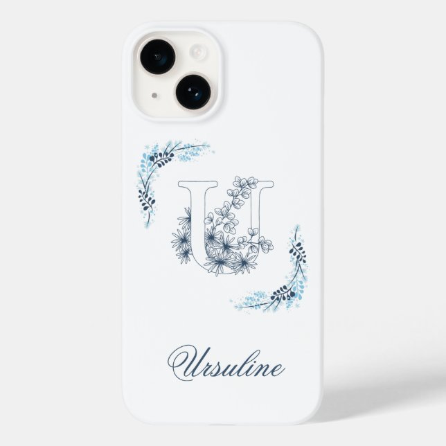 Initial "U" Blue Monogram Calm Floral Case-Mate iPhone Case (Back)