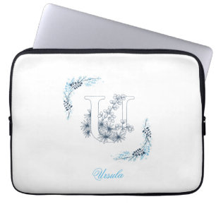 Initial "U" Blue Monogram Calm Floral Laptop Sleeve
