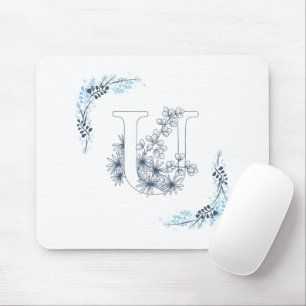 Initial "U" Blue Monogram Calm Floral Mouse Pad