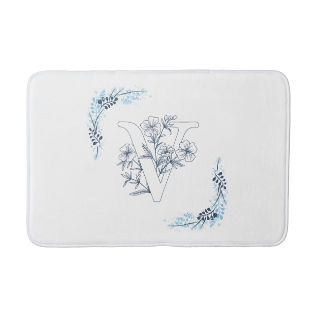 Initial "V" Blue Monogram Calm Floral Bath Mat (Front)