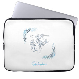 Initial "V" Blue Monogram Calm Floral Laptop Sleeve