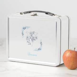 Initial "V" Blue Monogram Calm Floral Metal Lunch Box