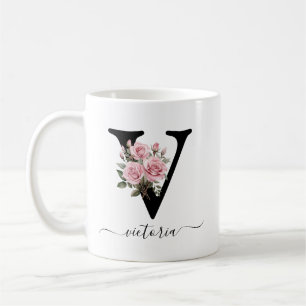 Initial V Monogram Floral Flower Pink Roses Mug