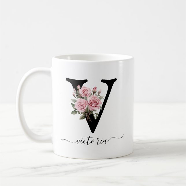 Initial V Monogram Floral Flower Pink Roses Mug (Left)