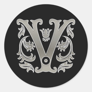 Initial V Round Sticker in silver