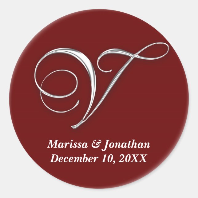 Initial V wine red monogram custom name favour sea Classic Round Sticker (Front)