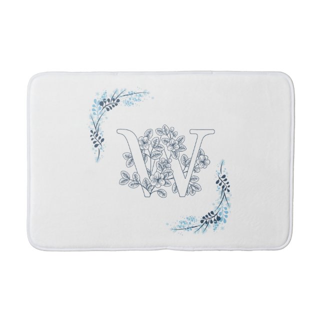 Initial "W" Blue Monogram Calm Floral Bath Mat (Front)