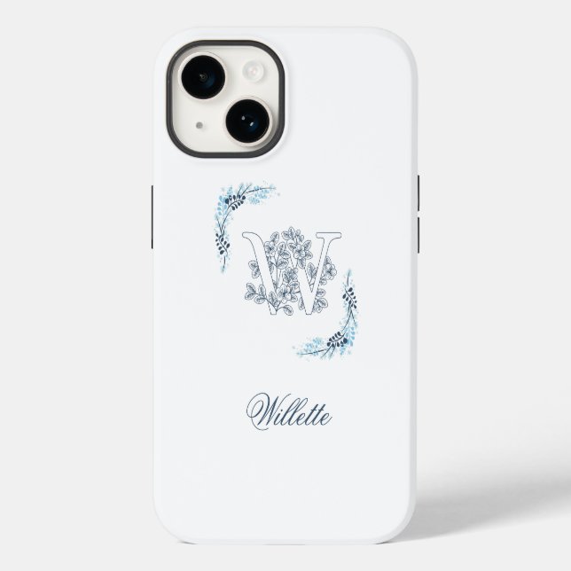 Initial "W" Blue Monogram Calm Floral Case-Mate iPhone Case (Back)