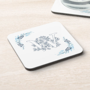 Initial "W" Blue Monogram Calm Floral Coaster