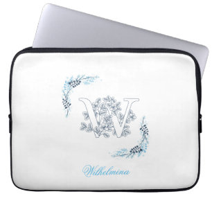 Initial "W" Blue Monogram Calm Floral Laptop Sleeve