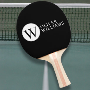 Initial W (editable) Circle Monogram Black Ping Pong Paddle